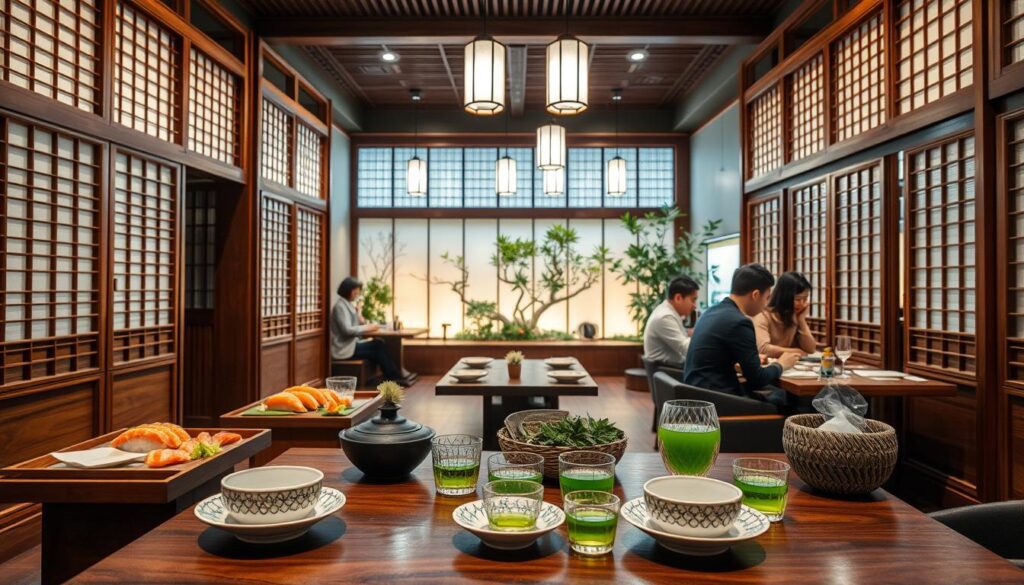 A beautifully arranged Japanese restaurant interior, showcasing intricate wooden designs and sliding shoji screens. In the foreground, a traditional wooden table set with an array of sushi, sashimi, and vibrant green tea, complemented by delicately patterned tableware. The middle features a cozy seating area with elegantly dressed customers in modest casual clothing, enjoying their meals and engaging in conversation. The background reveals a serene, softly illuminated ambiance with hanging lanterns and a small indoor zen garden, creating a calming atmosphere. The lighting is warm and inviting, capturing the essence of a perfect dining experience. Shot with a slight angle to create depth, highlighting the inviting and culturally rich environment. A beautifully arranged Japanese restaurant interior, showcasing intricate wooden designs and sliding shoji screens. In the foreground, a traditional wooden table set with an array of sushi, sashimi, and vibrant green tea, complemented by delicately patterned tableware. The middle features a cozy seating area with elegantly dressed customers in modest casual clothing, enjoying their meals and engaging in conversation. The background reveals a serene, softly illuminated ambiance with hanging lanterns and a small indoor zen garden, creating a calming atmosphere. The lighting is warm and inviting, capturing the essence of a perfect dining experience. Shot with a slight angle to create depth, highlighting the inviting and culturally rich environment.