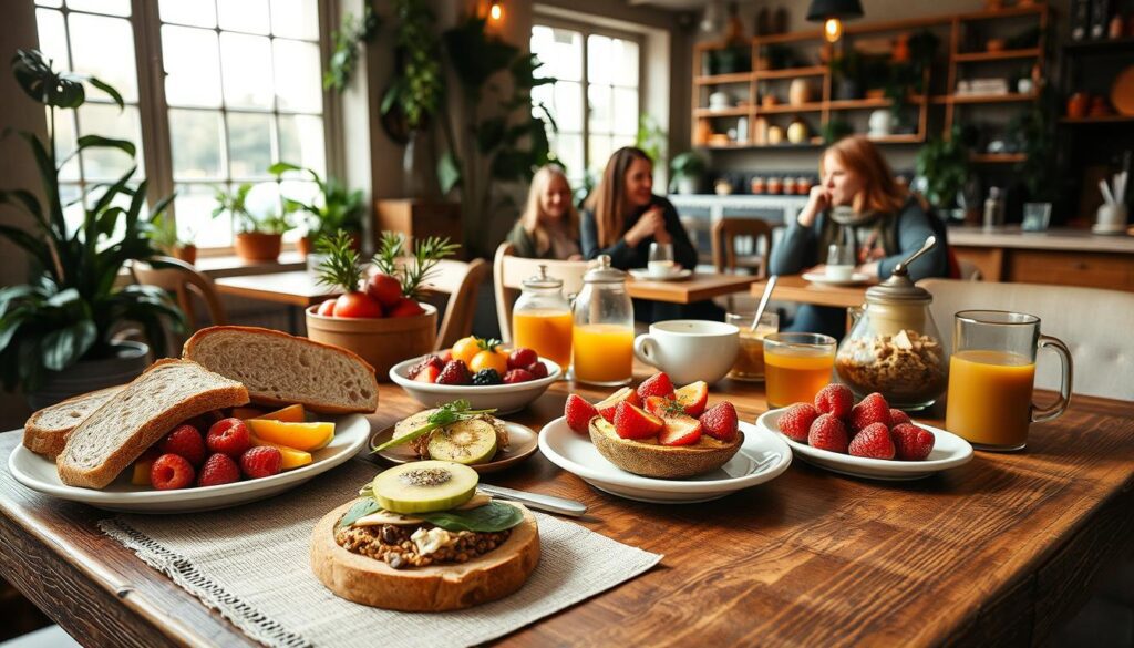 A beautifully arranged organic brunch spread at Café Fika in Aarhus, featuring artisanal bread, vibrant fruits, and various eco-friendly dishes. In the foreground, a wooden table adorned with a rustic tablecloth, plates of avocado toast, granola bowls, and herbal tea, all aesthetically presented. The middle ground captures cozy café patrons enjoying their meals, dressed in warm, casual clothing, embodying Swedish hygge with soft smiles and laughter. The background shows a charming café interior with greenery, wooden accents, and soft natural light streaming through large windows, enhancing the inviting atmosphere. The image conveys a tranquil and warm mood, perfect for a relaxing brunch scene, with a focus on sustainability and comfort.