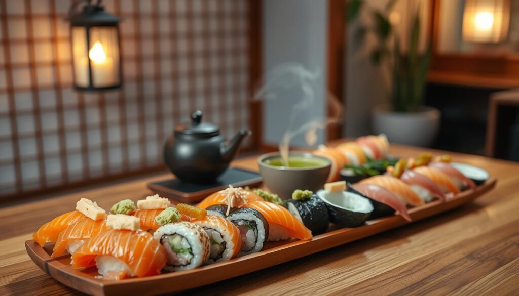 A beautifully arranged plate of authentic Japanese sushi and sashimi sits elegantly on a wooden dining table. The foreground features a variety of colorful sushi rolls garnished with delicate slices of wasabi and pickled ginger. In the middle, a serene tea set with steaming green tea adds an inviting touch, capturing the essence of Japanese culture. Soft, ambient lighting from a nearby lantern casts a warm glow over the scene, enhancing the rich colors of the food. In the background, hints of minimalist Japanese decor—such as bamboo and shoji screens—create a tranquil atmosphere that reflects the sophistication of Japanese dining. A slight focus blur on the background adds depth while keeping the food in sharp detail, inviting viewers to experience the artistry of Japanese cuisine. A beautifully arranged plate of authentic Japanese sushi and sashimi sits elegantly on a wooden dining table. The foreground features a variety of colorful sushi rolls garnished with delicate slices of wasabi and pickled ginger. In the middle, a serene tea set with steaming green tea adds an inviting touch, capturing the essence of Japanese culture. Soft, ambient lighting from a nearby lantern casts a warm glow over the scene, enhancing the rich colors of the food. In the background, hints of minimalist Japanese decor—such as bamboo and shoji screens—create a tranquil atmosphere that reflects the sophistication of Japanese dining. A slight focus blur on the background adds depth while keeping the food in sharp detail, inviting viewers to experience the artistry of Japanese cuisine.