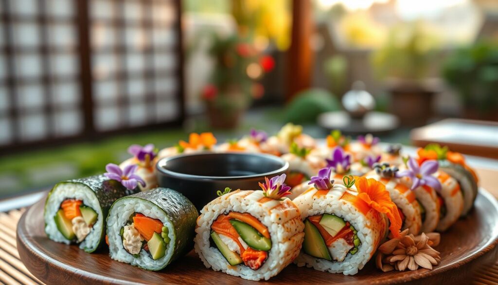 A beautifully arranged platter of vegan sushi showcasing an array of vibrant colors and textures. In the foreground, highlight intricately rolled sushi pieces filled with fresh vegetables like avocado, cucumber, and carrots, garnished with edible flowers. The middle ground features a small bowl of soy sauce and wasabi, enhancing the presentation. In the background, a softly blurred bamboo mat and a serene Japanese garden setting capture a tranquil atmosphere. Utilize warm, diffused natural lighting to enhance the fresh ingredients and create a welcoming mood. The angle should be a close-up shot, emphasizing the artistry and creativity of modern vegan sushi as a luxurious culinary experience. A beautifully arranged platter of vegan sushi showcasing an array of vibrant colors and textures. In the foreground, highlight intricately rolled sushi pieces filled with fresh vegetables like avocado, cucumber, and carrots, garnished with edible flowers. The middle ground features a small bowl of soy sauce and wasabi, enhancing the presentation. In the background, a softly blurred bamboo mat and a serene Japanese garden setting capture a tranquil atmosphere. Utilize warm, diffused natural lighting to enhance the fresh ingredients and create a welcoming mood. The angle should be a close-up shot, emphasizing the artistry and creativity of modern vegan sushi as a luxurious culinary experience.