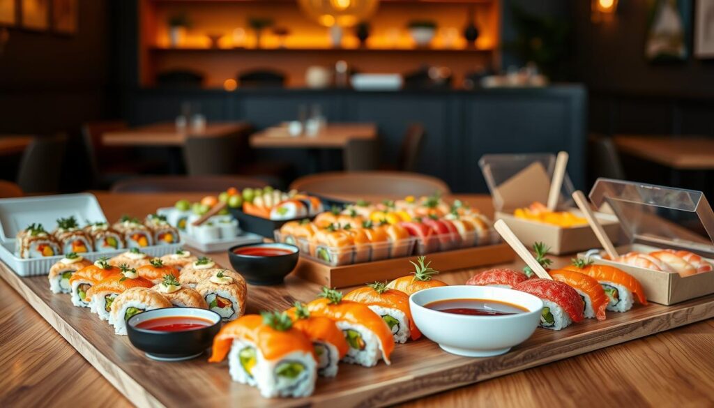 A beautifully arranged sushi takeaway and catering spread, featuring an assortment of authentic sushi dishes. In the foreground, a sleek wooden table displays vibrant sushi rolls, sashimi, and a variety of dipping sauces, all adorned with fresh wasabi and garnished with delicate microgreens. The middle ground showcases elegant takeaway boxes with transparent lids, revealing colorful sushi layers, paired with chic bamboo forks. In the background, a softly lit cozy café setting in Aarhus, with warm ambient lighting and minimalistic décor, enhancing the inviting atmosphere. The scene should evoke a sense of gourmet convenience, highlighting the appeal of enjoying exquisite sushi at home. Use a shallow depth of field to focus on the sushi while softly blurring the surroundings, conveying a warm and welcoming mood. A beautifully arranged sushi takeaway and catering spread, featuring an assortment of authentic sushi dishes. In the foreground, a sleek wooden table displays vibrant sushi rolls, sashimi, and a variety of dipping sauces, all adorned with fresh wasabi and garnished with delicate microgreens. The middle ground showcases elegant takeaway boxes with transparent lids, revealing colorful sushi layers, paired with chic bamboo forks. In the background, a softly lit cozy café setting in Aarhus, with warm ambient lighting and minimalistic décor, enhancing the inviting atmosphere. The scene should evoke a sense of gourmet convenience, highlighting the appeal of enjoying exquisite sushi at home. Use a shallow depth of field to focus on the sushi while softly blurring the surroundings, conveying a warm and welcoming mood.