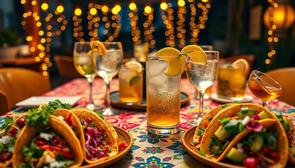 A beautifully arranged table showcasing a vibrant spread of tacos and tequila cocktails. In the foreground, several colorful tacos filled with fresh ingredients like avocado, cilantro, and lime, alongside artistically garnished glassware filled with tequila served with citrus slices and salt. The middle ground features an elegant wooden table with a vibrant tablecloth, enhancing the festive Mexican atmosphere. In the background, soft, warm fairy lights twinkle, creating a cozy, inviting ambiance, reminiscent of a lively Mexican restaurant. The scene is illuminated by gentle, amber lighting, mimicking the glow of sunset, casting warm shadows and enhancing the rich colors of the food and drinks. The overall mood is joyful and celebratory, perfect for a culinary experience.