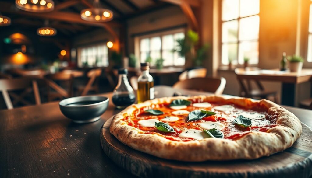A beautifully crafted pizza placed prominently in the foreground, showcasing a perfect golden crust topped with vibrant red tomato sauce, melted mozzarella cheese, and fresh basil leaves. In the middle, an inviting wooden table with a rustic feel, adorned with olive oil, a small bowl of balsamic vinegar, and scattered pepper flakes, suggesting a cozy dining experience. The background features a blurred view of a charming Italian restaurant in Aarhus, with warm ambient lighting, wooden beams, and a hint of greenery peeking through the windows. Soft, warm sunlight filters through, creating a welcoming atmosphere that evokes a sense of authentic Italian cuisine. The angle is slightly elevated, capturing both the pizza and the inviting restaurant ambiance.