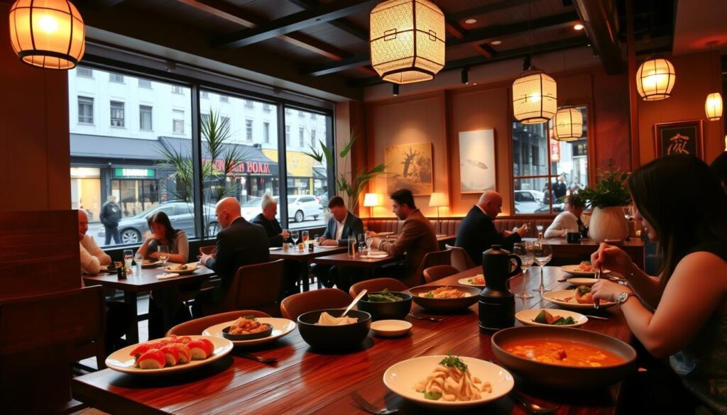 A beautifully designed Asian restaurant interior in Aarhus, featuring warm wooden accents, elegant lanterns casting a soft glow, and traditional Asian décor elements. In the foreground, a rustic wooden table set for dinner with exquisite Asian cuisine dishes including sushi, dim sum, and colorful curry, garnished with fresh herbs. The middle area displays patrons enjoying their meals, dressed in smart casual attire, engaged in conversation, creating a lively atmosphere. In the background, the restaurant's cozy seating area with bamboo plants and subtle decorative art pieces reflecting Asian culture is visible. Soft ambient lighting creates a welcoming and inviting mood, while a large window shows the vibrant streets of Aarhus outside, capturing a perfect evening dining experience.
