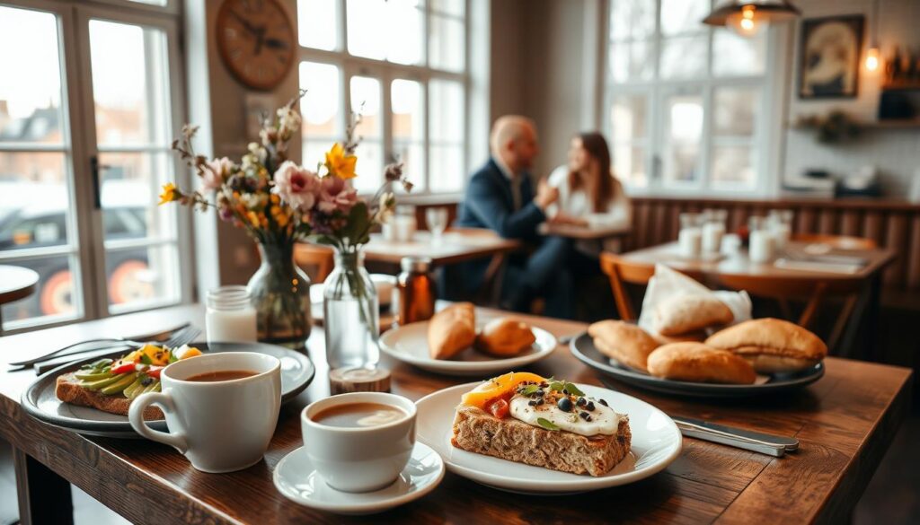 A beautifully set brunch table in an inviting cafe, rich wooden table adorned with an array of fresh brunch dishes such as avocado toast, a vibrant fruit platter, and artisan pastries. In the foreground, a steaming cup of coffee sits next to a rustic vase filled with seasonal flowers. The middle ground features a couple of people in modest casual attire chatting and enjoying their meals, with a sense of camaraderie. In the background, large windows let in soft, natural light, creating a cozy atmosphere. The overall mood is relaxed and warm, perfect for a weekend brunch experience in Aarhus. The camera angle is slightly elevated, capturing the table's delicious offerings and the interactions of the diners. A beautifully set brunch table in an inviting cafe, rich wooden table adorned with an array of fresh brunch dishes such as avocado toast, a vibrant fruit platter, and artisan pastries. In the foreground, a steaming cup of coffee sits next to a rustic vase filled with seasonal flowers. The middle ground features a couple of people in modest casual attire chatting and enjoying their meals, with a sense of camaraderie. In the background, large windows let in soft, natural light, creating a cozy atmosphere. The overall mood is relaxed and warm, perfect for a weekend brunch experience in Aarhus. The camera angle is slightly elevated, capturing the table's delicious offerings and the interactions of the diners.