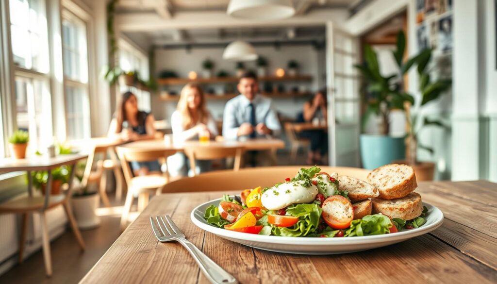 A bright and airy café interior, focusing on "Café Åland" in Aarhus. The foreground features a rustic wooden table adorned with an inviting brunch plate, overflowing with colorful ingredients like avocado, fresh vegetables, cheeses, and artisanal bread. In the middle ground, cheerful patrons enjoying their meals, dressed in smart casual attire, engage in friendly conversation. The background showcases soft, natural light pouring in through large windows, enhancing the light pastel color palette of the café. Potted plants add a touch of green, creating a cozy yet vibrant atmosphere. The scene conveys a relaxed, friendly vibe, perfect for enjoying a build-your-own brunch experience. No captions or brand logos visible.