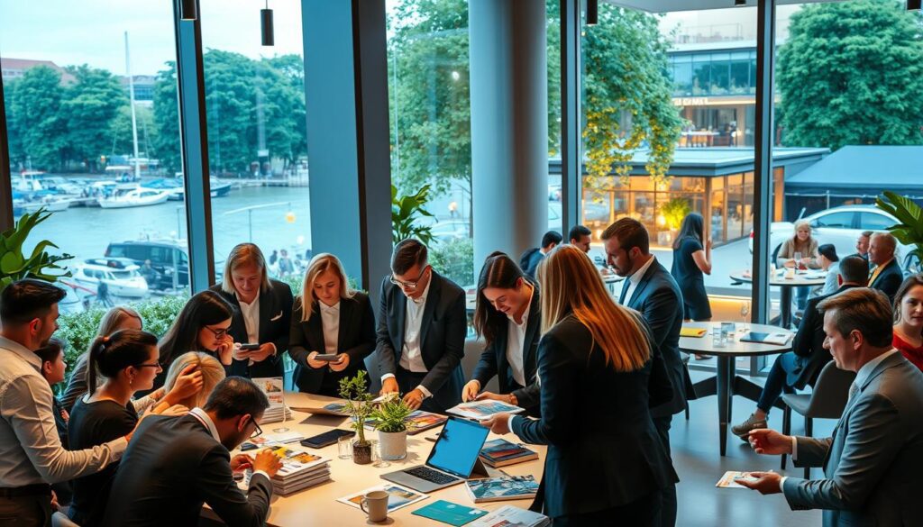 A bustling event planning scene on Aarhus Ø, showcasing a stylish planning meeting. In the foreground, a diverse group of professionals in business attire gathered around a sleek, modern table filled with colorful brochures and digital devices. In the middle, elegant decorations feature Aarhus Ø's iconic waterfront views through large windows, with a soft, inviting ambiance created by warm, natural lighting. The background includes glimpses of nearby trendy restaurants peeking through lush greenery, reflecting the vibrant culinary scene. The atmosphere is collaborative and inspiring, with an emphasis on creativity and successful event planning. The composition should be bright and engaging, highlighting the beauty of Aarhus Ø while focusing on the essence of planning memorable gatherings in the area.