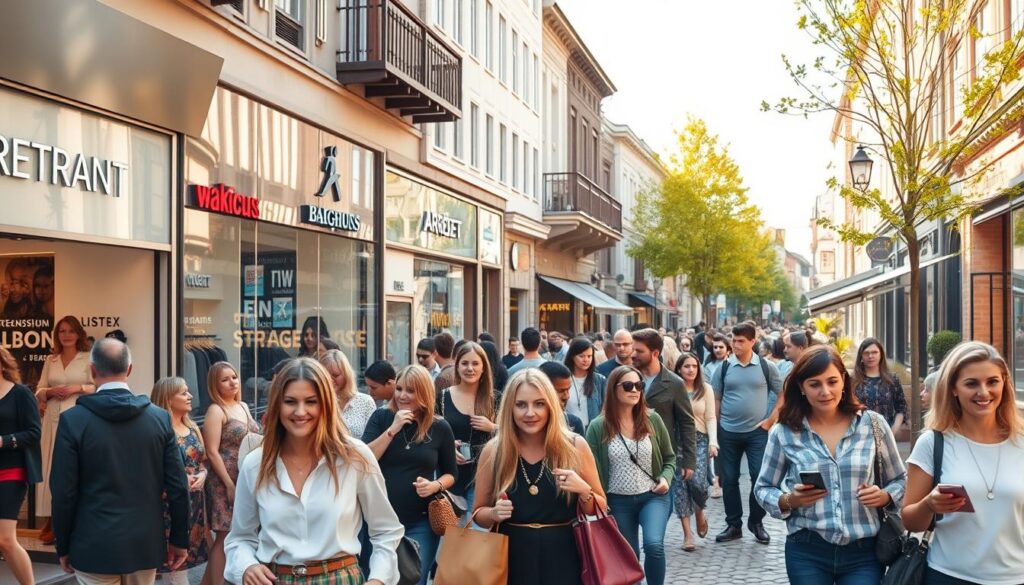 A bustling scene on Strøget in Aarhus, showcasing well-known retail chains and international brands. In the foreground, a diverse group of well-dressed shoppers browsing the vibrant store displays, exuding a sense of excitement and discovery. The middle ground features stylish storefronts with large glass windows displaying fashionable clothing and accessories, each brand clearly visible. The background includes charming cobblestone streets lined with trees and café patios, under a soft, golden afternoon light that casts warm shadows. A wide-angle perspective captures the lively atmosphere, inviting viewers to immerse themselves in this shopping experience. The image should convey a cheerful, vibrant mood, reflecting the essence of contemporary retail culture in Aarhus.