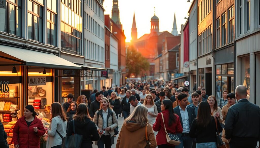 A bustling shopping street in Aarhus, showcasing a blend of modern and traditional architecture. In the foreground, a diverse group of shoppers dressed in smart casual attire engage with local merchants, examining products like artisanal goods and fashion items. The middle ground features inviting shopfronts with eye-catching displays and warm lighting, emphasizing the vibrant atmosphere. In the background, iconic Aarhus landmarks are subtly visible, framed by a late afternoon sun setting, casting a golden glow over the scene. The mood is lively and organized, conveying the feeling of efficient shopping and planning in a popular urban environment. Use a wide-angle lens to capture the dynamic interaction and enhance the depth of the image without any text or overlays.