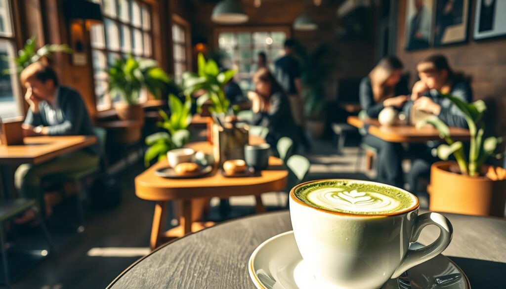 A charming café scene at Studs Café in Aarhus, featuring an elegant matcha presentation. In the foreground, a beautifully crafted matcha latte served in a ceramic cup, topped with delicate foam art. In the middle ground, a small wooden table adorned with fresh pastries and traditional Japanese tea sets, surrounded by well-dressed patrons enjoying their tea, dressed in modest casual clothing. The background captures a cozy atmosphere with warm, ambient lighting and plants, conveying a sense of tranquility. Sunlight filters through large windows, casting soft shadows and highlighting the café's wooden interior. The overall mood is inviting and refreshing, perfect for showcasing an authentic matcha experience in the heart of the city.
