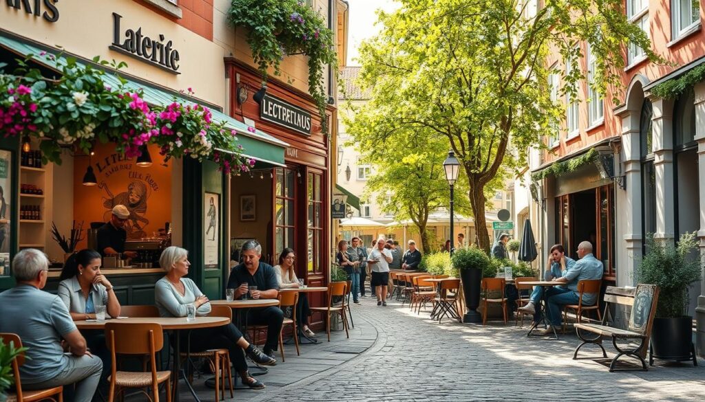 A charming street scene depicting cozy and beautiful cafés in Aarhus, showcasing unique architectural details and vibrant colors. The foreground features inviting outdoor seating with patrons enjoying their drinks, dressed in casual yet stylish clothing. In the middle, quaint café facades with hanging flowers and murals provide character, while baristas can be seen through large windows, preparing artisanal drinks. The background includes cobblestone streets and lush greenery framing the scene, bathed in warm afternoon sunlight. The angle is slightly elevated, capturing a sense of discovery and enchantment. The mood is relaxed and inviting, perfect for those seeking hidden gems away from the usual tourist paths.