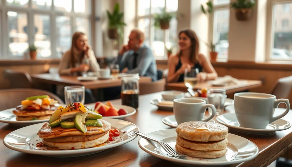 A cozy and inviting brunch setting in Aarhus, showcasing a beautifully laid table with an array of brunch delights including avocado toast, fluffy pancakes, vibrant fruits, and artisanal coffee. The foreground features charming plates and fresh ingredients, while the middle ground highlights elegantly dressed diners in modest casual attire enjoying the meal, immersed in laughter and conversation. In the background, a warm, sunlit café ambiance with wooden furnishings and potted plants creates a relaxed atmosphere. Soft, natural lighting filters through large windows, casting gentle shadows and enhancing the inviting mood of the scene. A shallow depth of field focuses on the brunch spread, while the café setting softly blurs in the background, capturing the essence of an ideal weekend brunch experience in Aarhus. A cozy and inviting brunch setting in Aarhus, showcasing a beautifully laid table with an array of brunch delights including avocado toast, fluffy pancakes, vibrant fruits, and artisanal coffee. The foreground features charming plates and fresh ingredients, while the middle ground highlights elegantly dressed diners in modest casual attire enjoying the meal, immersed in laughter and conversation. In the background, a warm, sunlit café ambiance with wooden furnishings and potted plants creates a relaxed atmosphere. Soft, natural lighting filters through large windows, casting gentle shadows and enhancing the inviting mood of the scene. A shallow depth of field focuses on the brunch spread, while the café setting softly blurs in the background, capturing the essence of an ideal weekend brunch experience in Aarhus.