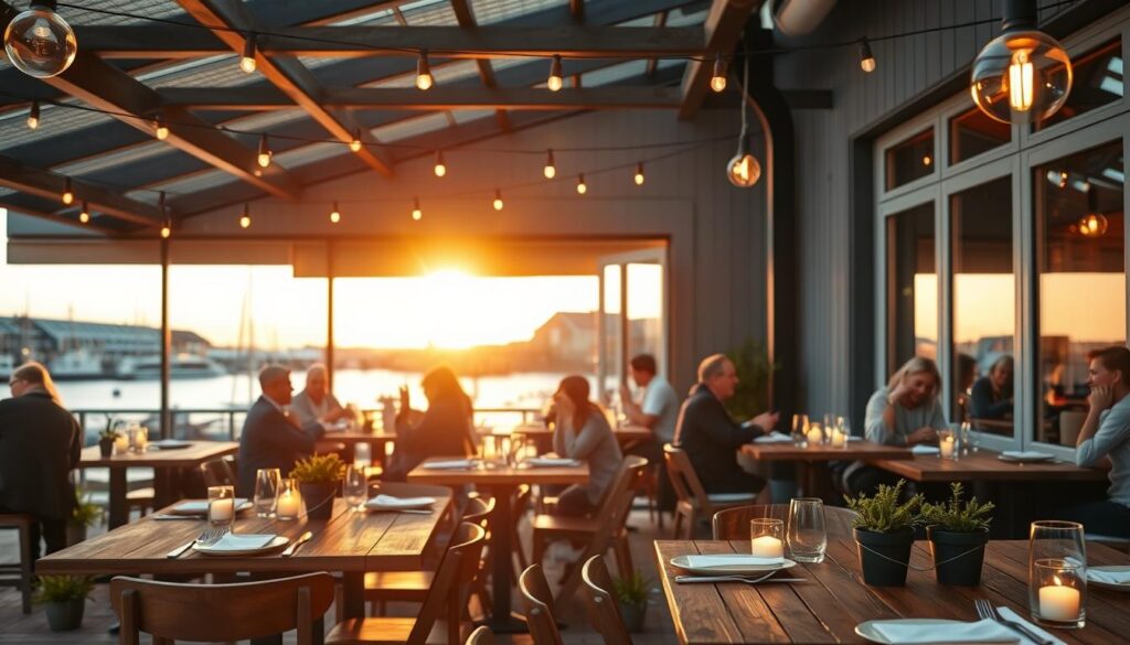 A cozy and inviting restaurant scene in Aarhus Ø, showcasing a blend of modern Danish architecture and rustic charm. In the foreground, a wooden outdoor dining area with neatly set tables, featuring elegant tableware, soft candlelight, and small potted plants. The middle ground reveals patrons enjoying leisurely meals, dressed in modest casual clothing, laughing and engaging in conversation. In the background, large windows open to a view of the waterfront, bathed in warm golden sunset light reflecting off the water. The atmosphere is relaxed and intimate, with string lights hanging overhead, creating a serene ambiance. Emphasize the soothing colors and details, capturing the essence of hygge. A cozy and inviting restaurant scene in Aarhus Ø, showcasing a blend of modern Danish architecture and rustic charm. In the foreground, a wooden outdoor dining area with neatly set tables, featuring elegant tableware, soft candlelight, and small potted plants. The middle ground reveals patrons enjoying leisurely meals, dressed in modest casual clothing, laughing and engaging in conversation. In the background, large windows open to a view of the waterfront, bathed in warm golden sunset light reflecting off the water. The atmosphere is relaxed and intimate, with string lights hanging overhead, creating a serene ambiance. Emphasize the soothing colors and details, capturing the essence of hygge.