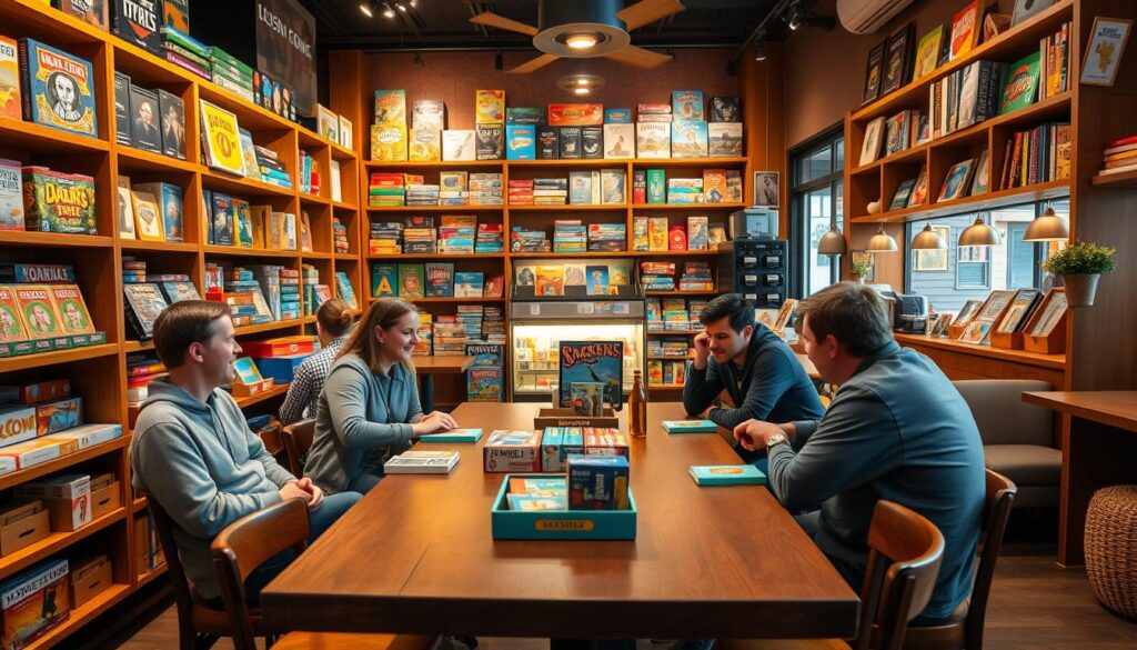 A cozy board game café interior filled with an extensive selection of colorful board games displayed on wooden shelves, with various game genres visible like strategy, trivia, and family games. In the foreground, a stylish wooden table surrounded by friends engaged in a game, showcasing laughter and engagement. The middle ground features a well-lit display of board games, with vibrant boxes and pieces peeking out, creating an inviting atmosphere. The background reveals a welcoming café setting with warm lighting, comfortable seating, and soft decorations, evoking a sense of community and fun. Capture this scene from a slightly elevated angle, emphasizing the lively and friendly mood of the space, where people come together to enjoy games.