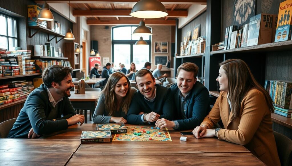 A cozy board game café located in Aarhus, featuring rustic wooden tables and shelves stocked with colorful board games. In the foreground, a group of friends, dressed in casual yet neat clothing, are enthusiastically gathered around a table, deeply engaged in a board game, with expressions of joy and concentration. The middle ground showcases other patrons enjoying their games, creating a lively atmosphere. The background reveals a warm, inviting interior with soft lighting from hanging lamps and large windows letting in natural sunlight. The overall mood is friendly and inviting, encouraging laughter and camaraderie among the visitors. The angle is slightly elevated, capturing the essence of the café's lively social environment.
