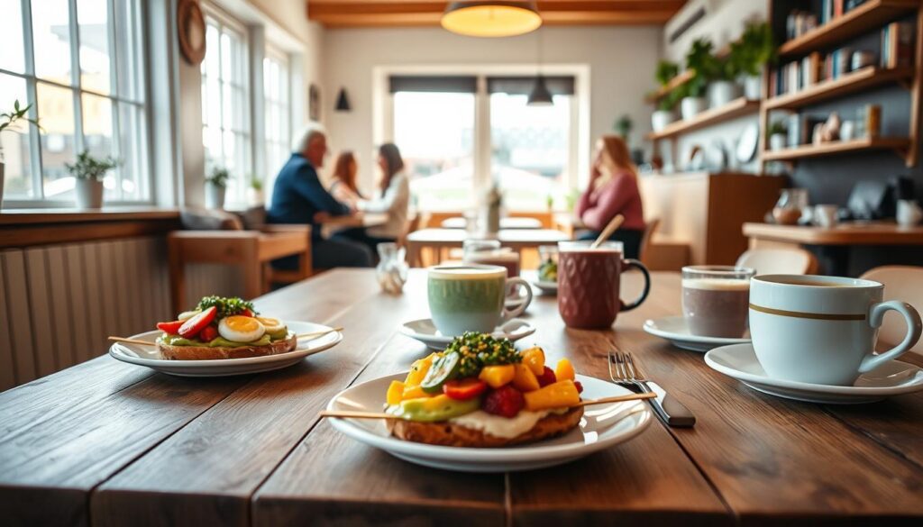 A cozy café scene at Café Krone in Trøjborg, Aarhus, showcasing a warm, inviting breakfast paradise. In the foreground, a beautifully arranged wooden table is adorned with colorful plates of gourmet breakfast items: fluffy avocado toast, vibrant smoothie bowls, and steaming cups of coffee artfully crafted. Bright, natural light streams through large windows, illuminating the ambiance. In the middle ground, patrons in modest casual attire engage in friendly conversations, capturing the relaxed vibe of the café. The background features soft, rustic décor with potted plants and shelves lined with books, enhancing the homely feel. The overall atmosphere is cheerful and welcoming, evoking a sense of community and comfort, perfect for a morning gathering.