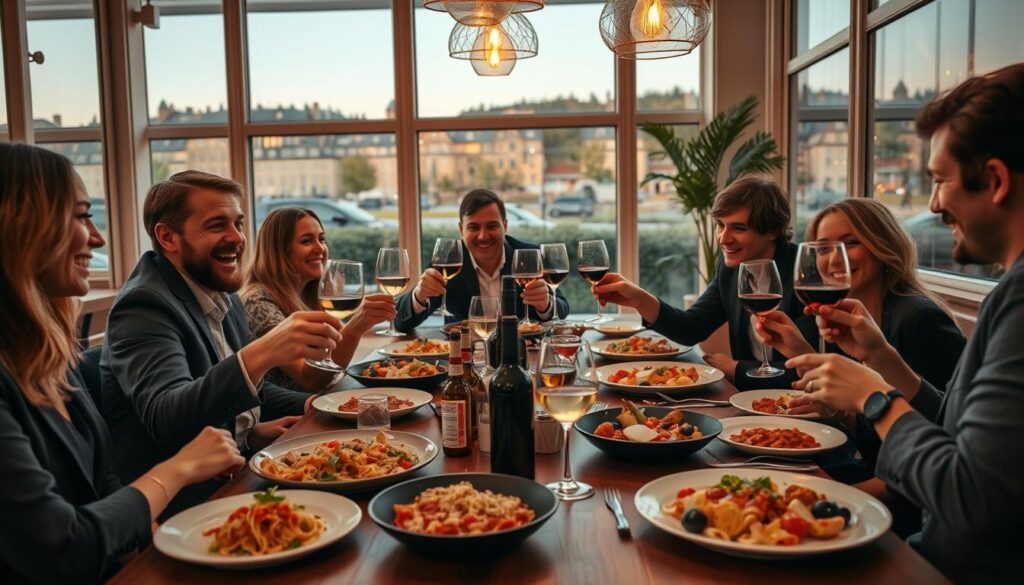 A cozy social dining scene set in a beautifully designed restaurant in Aarhus, featuring a long wooden table adorned with various colorful Italian dishes, such as pasta, pizza, and antipasti. In the foreground, a group of friends dressed in smart casual attire joyfully sharing food, laughing, and clinking glasses filled with wine, creating a warm and inviting atmosphere. The middle ground showcases elegant lighting fixtures casting a soft golden glow, enhancing the communal vibe. In the background, large windows reveal a glimpse of Aarhus’s charming architecture and greenery, under a clear evening sky. The scene captures the essence of friendship and togetherness, encouraging the sharing of delicious flavors. High-resolution, with a warm color palette, shot at eye-level for an intimate feel.