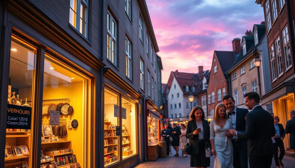 A cozy street in the Latin Quarter of Aarhus during evening hours, showcasing vibrant local shops. In the foreground, shop windows glow warmly, displaying unique products and showcasing prices with opening hours subtly highlighted. The middle ground features elegantly dressed individuals or couples planning their visit, checking schedules and discussing their favorite shops. The background captures charming old buildings with colorful facades, softly illuminated by street lamps, and a twilight sky mixed with shades of purple and orange. The atmosphere is inviting and bustling, conveying a sense of community and exploration. Use a wide-angle lens to create depth and enhance the lively ambiance.