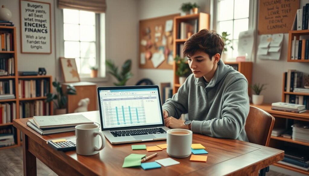 A cozy study space with a student sitting at a wooden desk, surrounded by budgeting tools. In the foreground, the student, dressed in comfortable yet tidy clothing, focuses on a laptop displaying a budget spreadsheet. Scattered on the desk are colorful sticky notes and a calculator, alongside a steaming mug of coffee. The middle ground features a wall with inspirational financial quotes and a bulletin board filled with important reminders. Soft, natural light filters through a window, creating a warm and inviting atmosphere. The background is filled with shelves full of books and a potted plant, adding life to the scene. The overall mood conveys organization, focus, and a sense of control over finances. A cozy study space with a student sitting at a wooden desk, surrounded by budgeting tools. In the foreground, the student, dressed in comfortable yet tidy clothing, focuses on a laptop displaying a budget spreadsheet. Scattered on the desk are colorful sticky notes and a calculator, alongside a steaming mug of coffee. The middle ground features a wall with inspirational financial quotes and a bulletin board filled with important reminders. Soft, natural light filters through a window, creating a warm and inviting atmosphere. The background is filled with shelves full of books and a potted plant, adding life to the scene. The overall mood conveys organization, focus, and a sense of control over finances.