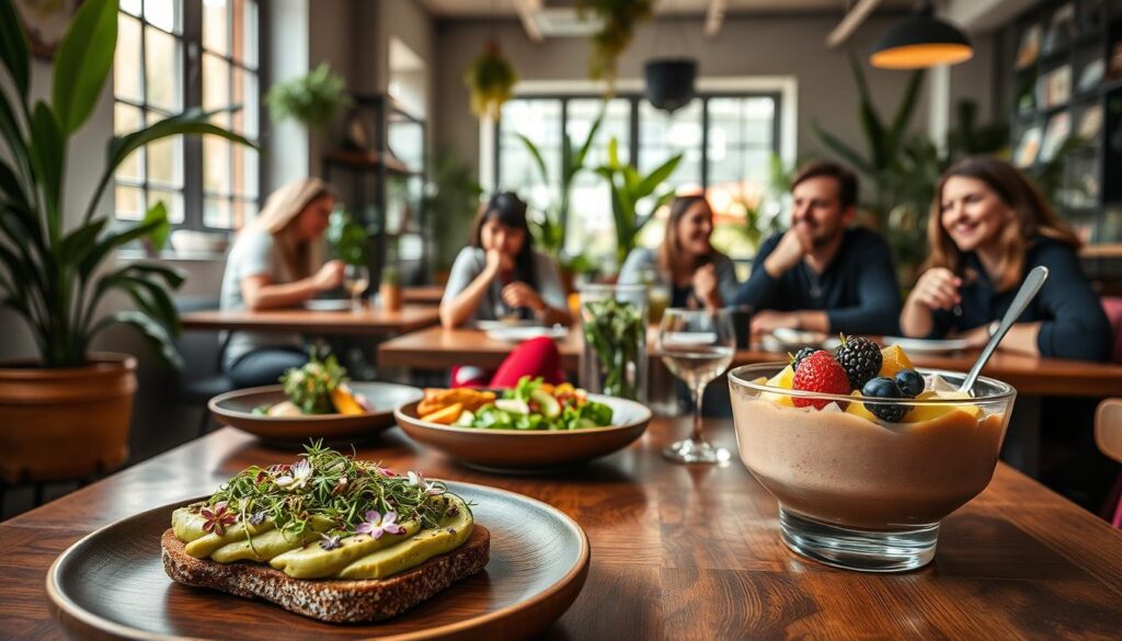 A cozy vegan café in Aarhus, featuring a variety of colorful plant-based dishes artfully arranged on rustic wooden tables. In the foreground, a beautifully crafted avocado toast garnished with microgreens and edible flowers sits next to a vibrant smoothie bowl topped with fresh fruits and seeds. In the middle, cheerful patrons enjoy their meals, dressed in modest casual clothing, engaged in friendly conversations. The background showcases lush indoor plants and minimalist décor, with warm sunlight streaming through large windows that create a welcoming atmosphere. A shallow depth of field gives a soft focus to the patrons, enhancing the inviting mood of this plant-based culinary experience.