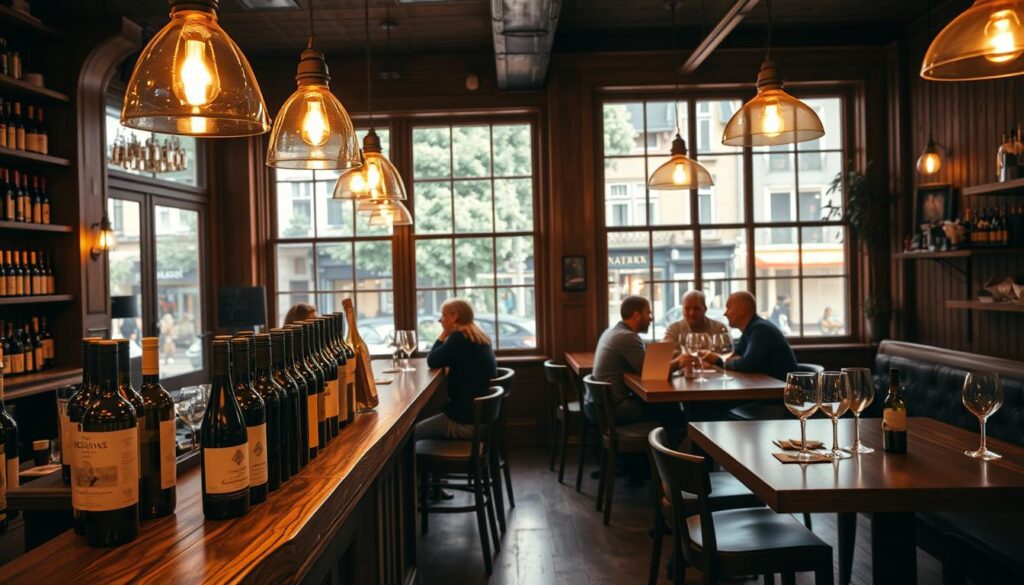 A cozy wine bar in Aarhus, featuring warm, inviting wooden interiors and softly lit pendant lights illuminating elegant tables. In the foreground, a rustic wooden bar showcases a selection of affordable wines, with bottles arranged artfully and glasses awaiting patrons. Middle ground includes a group of people in modest casual attire engaging in friendly conversation, exuding a relaxed atmosphere. In the background, large windows reveal a glimpse of Aarhus’s charming streets, adorned with greenery and pastel-colored buildings. The warm light creates a welcoming glow, emphasizing the hygge vibe of the setting. The photo is taken at eye level with a slightly blurred depth of field, focusing on the bar scene while capturing the liveliness of the space.