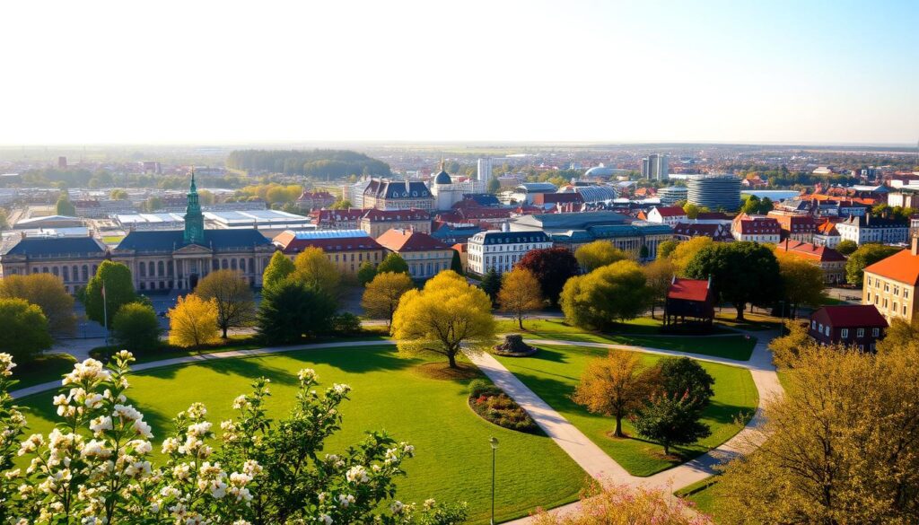 A panoramic view of Aarhus showcasing its vibrant cityscape from a high vantage point. In the foreground, a lush green park with blooming flowers and well-maintained pathways invites visitors to explore nature. The middle ground features a charming blend of contemporary and historical architecture, including the iconic Aarhus City Hall and the distinctive ARoS Aarhus Art Museum, with their colorful facades and artistic elements. In the background, the skyline extends towards the horizon, enveloped in soft afternoon light. The scene is bathed in warm golden tones, capturing a tranquil, inviting atmosphere that embodies both relaxation and cultural richness. The angle of the shot is slightly elevated, providing an expansive perspective that emphasizes the beauty of the city while maintaining a peaceful ambiance. A panoramic view of Aarhus showcasing its vibrant cityscape from a high vantage point. In the foreground, a lush green park with blooming flowers and well-maintained pathways invites visitors to explore nature. The middle ground features a charming blend of contemporary and historical architecture, including the iconic Aarhus City Hall and the distinctive ARoS Aarhus Art Museum, with their colorful facades and artistic elements. In the background, the skyline extends towards the horizon, enveloped in soft afternoon light. The scene is bathed in warm golden tones, capturing a tranquil, inviting atmosphere that embodies both relaxation and cultural richness. The angle of the shot is slightly elevated, providing an expansive perspective that emphasizes the beauty of the city while maintaining a peaceful ambiance.
