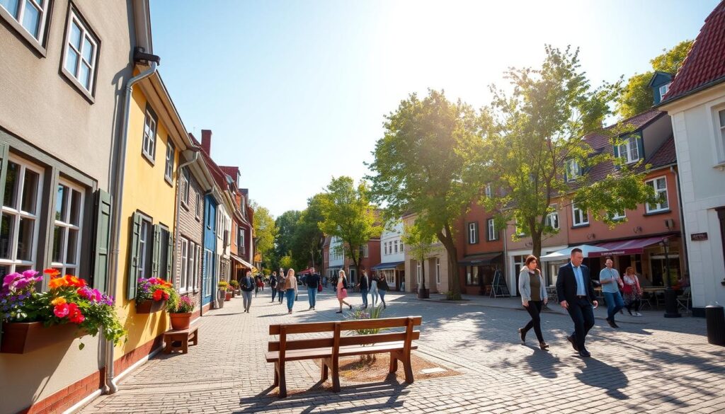A picturesque scene of Møllestien, a historic street in Aarhus, Denmark, showcasing its charming cobblestone paths and colorful, half-timbered houses. In the foreground, vibrant flowers in window boxes add splashes of color, while a small wooden bench invites visitors to sit. The middle ground features strolling pedestrians, dressed in modest casual attire, engaging with each other, enjoying the serene atmosphere. The background reveals the lush greenery of surrounding trees under a clear blue sky, bathed in soft, warm sunlight creating a gentle glow. The angle is slightly elevated, providing a panoramic view capturing the essence of this historical gem, evoking a sense of nostalgia and tranquility. A picturesque scene of Møllestien, a historic street in Aarhus, Denmark, showcasing its charming cobblestone paths and colorful, half-timbered houses. In the foreground, vibrant flowers in window boxes add splashes of color, while a small wooden bench invites visitors to sit. The middle ground features strolling pedestrians, dressed in modest casual attire, engaging with each other, enjoying the serene atmosphere. The background reveals the lush greenery of surrounding trees under a clear blue sky, bathed in soft, warm sunlight creating a gentle glow. The angle is slightly elevated, providing a panoramic view capturing the essence of this historical gem, evoking a sense of nostalgia and tranquility.