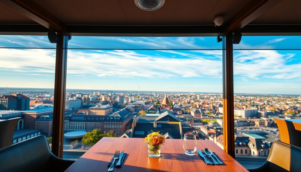 A picturesque view from a dining table in Aarhus, showcasing a breathtaking panorama of the city. In the foreground, an elegant wooden table is set with fine dining utensils and a small floral centerpiece. The middle ground features the vibrant architecture of Aarhus, including modern buildings and historical structures, all bathed in warm, golden hour sunlight, casting long shadows. In the background, the skyline blends seamlessly with the blue sky and wispy clouds, suggesting a serene atmosphere. The scene is captured from a slightly elevated angle, emphasizing the inviting ambiance of the dining experience. The overall mood is warm and welcoming, perfect for a delightful meal with a stunning view. A picturesque view from a dining table in Aarhus, showcasing a breathtaking panorama of the city. In the foreground, an elegant wooden table is set with fine dining utensils and a small floral centerpiece. The middle ground features the vibrant architecture of Aarhus, including modern buildings and historical structures, all bathed in warm, golden hour sunlight, casting long shadows. In the background, the skyline blends seamlessly with the blue sky and wispy clouds, suggesting a serene atmosphere. The scene is captured from a slightly elevated angle, emphasizing the inviting ambiance of the dining experience. The overall mood is warm and welcoming, perfect for a delightful meal with a stunning view.