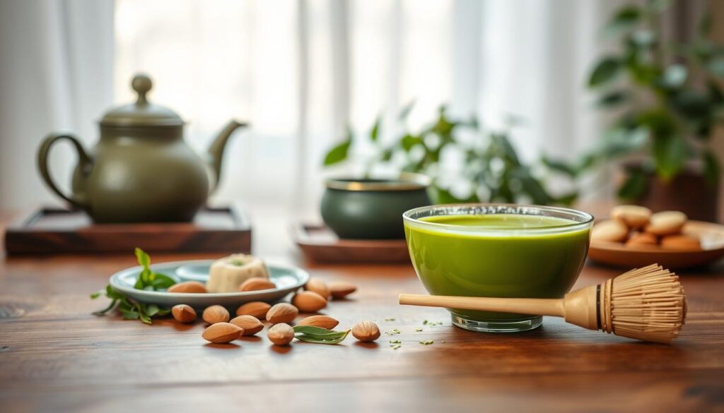A serene and inviting tea scene featuring a traditional Japanese matcha set on a wooden table. In the foreground, a vibrant green matcha bowl filled with freshly whisked matcha, a bamboo whisk delicately placed beside it. Surrounding the bowl are healthy ingredients, such as fresh matcha leaves, almonds, and a small plate of matcha-infused treats. In the middle ground, a subtle blend of natural light cascades through a window, illuminating steam rising gracefully from a teapot. In the background, a lush indoor plant adds a touch of greenery, enhancing the atmosphere of tranquility. The mood is calm and rejuvenating, inviting viewers to appreciate the health benefits of matcha. Shot with a soft focus to create an inviting and peaceful ambiance.