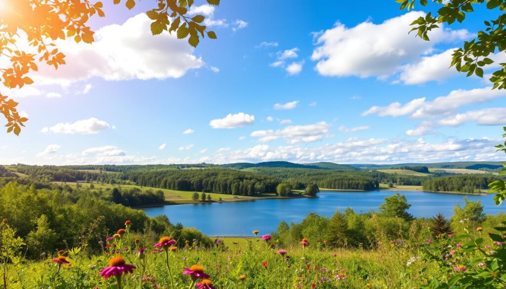 A serene landscape capturing the natural beauty around Aarhus, Denmark, featuring lush green forests and vibrant wildflowers in the foreground. A clear blue sky dappled with fluffy white clouds stretches overhead, illuminating the scene with warm sunlight. In the middle ground, a tranquil lake reflects the surrounding trees, while a few deer can be seen grazing peacefully nearby, embodying the local wildlife. In the background, gentle hills roll into the distance, creating depth and a sense of tranquility. The atmosphere is calm and inviting, evoking a feeling of fresh air and a peaceful escape from urban life. Use soft focus to enhance the dreamy quality, with the light filtering through the leaves, creating a warm, inviting mood.