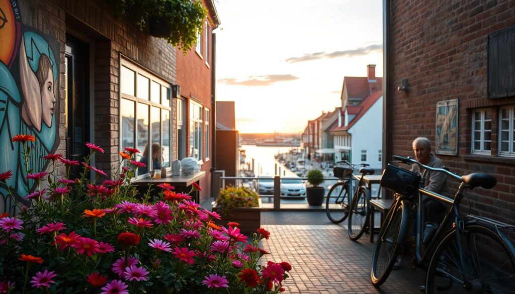 A serene, picturesque scene capturing the hidden gems of Aarhus, Denmark, showcasing local secrets. In the foreground, vibrant flowers bloom in a charming alleyway, inviting visitors to explore. The middle ground reveals a quaint café with locals enjoying coffee, surrounded by unique street art on rustic walls. In the background, a glimpse of Aarhus' stunning waterfront and traditional Danish architecture can be seen under a soft twilight sky, illuminated by warm golden hour light. A few bicycles lean against a brick wall, adding to the local charm. The atmosphere is cozy and inviting, encouraging a sense of curiosity and discovery. The image captures the essence of hidden experiences waiting to be uncovered in the city. A serene, picturesque scene capturing the hidden gems of Aarhus, Denmark, showcasing local secrets. In the foreground, vibrant flowers bloom in a charming alleyway, inviting visitors to explore. The middle ground reveals a quaint café with locals enjoying coffee, surrounded by unique street art on rustic walls. In the background, a glimpse of Aarhus' stunning waterfront and traditional Danish architecture can be seen under a soft twilight sky, illuminated by warm golden hour light. A few bicycles lean against a brick wall, adding to the local charm. The atmosphere is cozy and inviting, encouraging a sense of curiosity and discovery. The image captures the essence of hidden experiences waiting to be uncovered in the city.