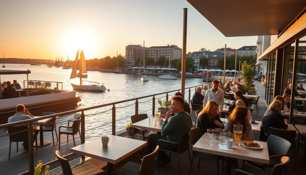 A serene view of the waterfront at Aarhus Ø, showcasing an inviting café with modern architecture nestled along the edge of the water. In the foreground, a cozy terrace with tables and chairs occupied by patrons enjoying coffee and pastries, dressed in casual yet presentable attire, exuding a relaxed vibe. In the middle ground, the tranquil water reflects the soft golden light of a late afternoon sun, with sailboats gliding by. The background features contemporary buildings and lush greenery, creating a vibrant urban landscape. The scene conveys a warm, welcoming atmosphere ideal for a peaceful café experience. The lighting emphasizes the warm tones of sunset, casting gentle shadows, captured with a wide-angle lens for a broad view. A serene view of the waterfront at Aarhus Ø, showcasing an inviting café with modern architecture nestled along the edge of the water. In the foreground, a cozy terrace with tables and chairs occupied by patrons enjoying coffee and pastries, dressed in casual yet presentable attire, exuding a relaxed vibe. In the middle ground, the tranquil water reflects the soft golden light of a late afternoon sun, with sailboats gliding by. The background features contemporary buildings and lush greenery, creating a vibrant urban landscape. The scene conveys a warm, welcoming atmosphere ideal for a peaceful café experience. The lighting emphasizes the warm tones of sunset, casting gentle shadows, captured with a wide-angle lens for a broad view.