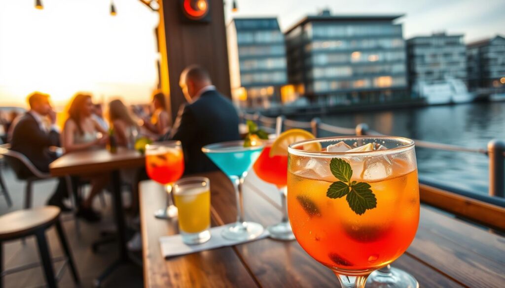 A stylish outdoor bar on Aarhus Ø, featuring a range of colorful cocktails elegantly presented on a wooden table. In the foreground, a close-up of a vibrant cocktail garnished with fresh mint and citrus slices, condensation glistening on the glass. The middle ground shows patrons enjoying their drinks, dressed in smart casual attire, engaged in joyful conversation. In the background, the stunning waterfront of Aarhus with modern architecture reflected in the serene water at sunset, casting warm golden light across the scene. The atmosphere is lively yet relaxed, emphasizing the perfect blend of social vibes and scenic beauty. The composition captures the essence of an enchanting evening, with soft bokeh lighting and a slightly elevated angle to frame the view beautifully.