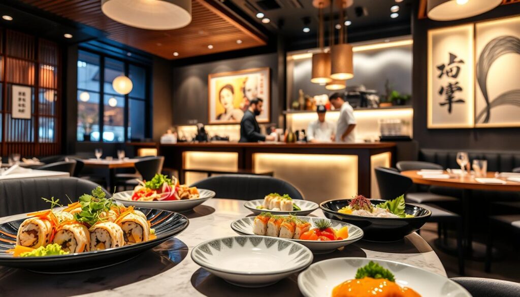 A vibrant Japanese fusion restaurant interior in Aarhus, showcasing a dynamic atmosphere. In the foreground, a beautifully set table displays intricate dishes featuring sushi rolls, vibrant vegetables, and elegant plating. The middle ground features chefs in professional attire artfully preparing meals behind a sleek counter, highlighting their passion and skill. The background showcases modern decor with wooden accents, traditional Japanese art pieces, and soft ambient lighting that creates a warm, inviting glow. The scene radiates energy and attitude, emphasizing the culinary experience. Use a wide-angle lens to capture the lively dining space, enhancing the feeling of depth while maintaining a sharp focus on the food and chefs. The overall mood is lively yet sophisticated, perfect for a memorable dining experience.