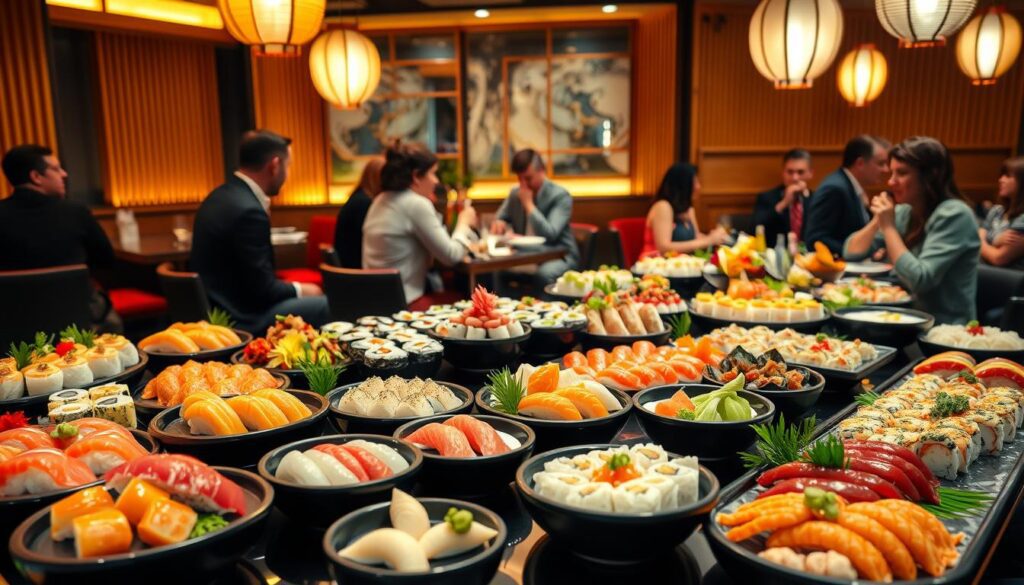 A vibrant and inviting all-you-can-eat sushi restaurant setting in Aarhus, Denmark. In the foreground, a beautifully arranged table displaying a diverse selection of sushi dishes, including nigiri, rolls, and sashimi, all artfully plated with colorful garnishes and wasabi. In the middle background, diners, dressed in smart casual attire, are engaged in joyful conversations while enjoying their meals, with a warm ambiance created by soft, golden lighting. The background features traditional Japanese decor elements, like wooden panels and paper lanterns, adding to the authenticity of the setting. The image captures a lively and welcoming atmosphere, emphasizing the concept of abundance and variety in the dining experience, with a focus on the sushi offerings. A vibrant and inviting all-you-can-eat sushi restaurant setting in Aarhus, Denmark. In the foreground, a beautifully arranged table displaying a diverse selection of sushi dishes, including nigiri, rolls, and sashimi, all artfully plated with colorful garnishes and wasabi. In the middle background, diners, dressed in smart casual attire, are engaged in joyful conversations while enjoying their meals, with a warm ambiance created by soft, golden lighting. The background features traditional Japanese decor elements, like wooden panels and paper lanterns, adding to the authenticity of the setting. The image captures a lively and welcoming atmosphere, emphasizing the concept of abundance and variety in the dining experience, with a focus on the sushi offerings.