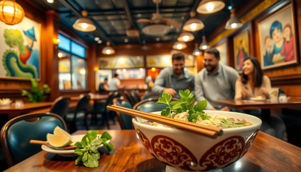 A vibrant and inviting scene of a bustling Vietnamese restaurant's interior, showcasing a beautifully set table featuring a steaming bowl of Pho C&P, garnished with fresh herbs like basil and cilantro, alongside lime wedges and bean sprouts. In the foreground, a pair of chopsticks rests elegantly on the edge of the bowl, hinting at a family enjoying their meal. The middle ground features warm lighting that highlights the rich wooden decor and colorful artwork on the walls, creating a cozy atmosphere. In the background, a family of four, dressed in modest casual clothing, shares laughter and joy, representing a genuine dining experience. The image is captured with a slightly shallow depth of field, giving a blurred effect to the background, and ensures a warm, inviting ambiance that reflects world-class flavors and a sense of togetherness.