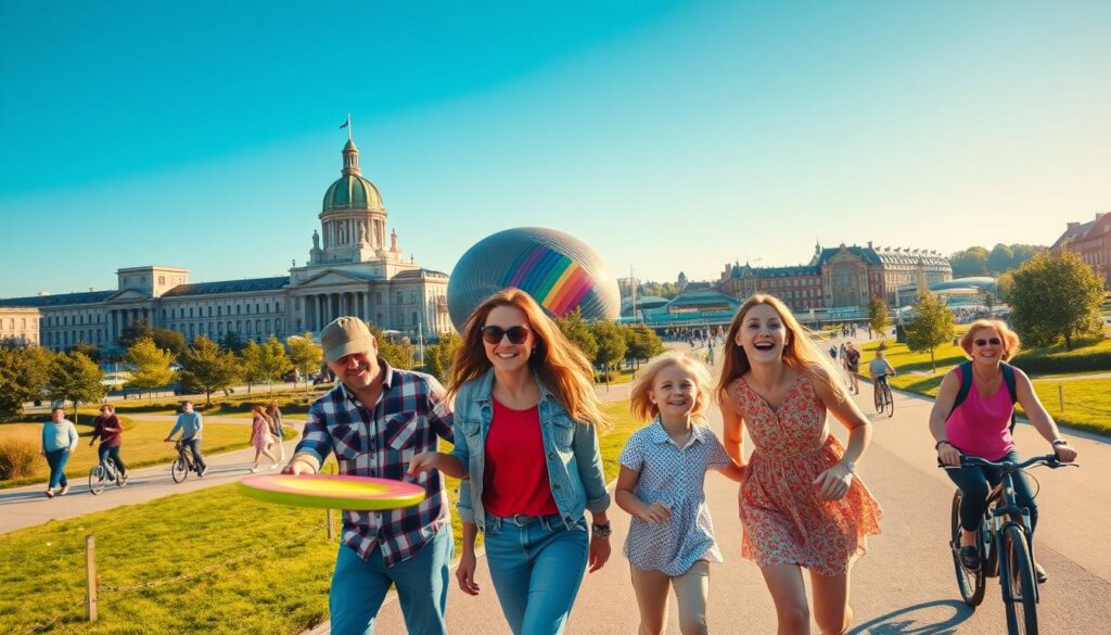 A vibrant and lively scene depicting a family enjoying a day out in Aarhus, Denmark. In the foreground, a cheerful family of four—two parents and two children—are engaged in activities like playing frisbee and laughing, all dressed in colorful, casual attire. The middle ground features iconic landmarks of Aarhus, such as the Aarhus City Hall and the ARoS Aarhus Art Museum with its colorful rainbow panorama. The background showcases a bright blue sky and lush greenery, with people leisurely walking and cycling along scenic paths. Soft, warm sunlight bathes the scene, creating a joyful and inviting atmosphere. The angle captures a dynamic viewpoint, emphasizing both the family and the city's charm without any text or overlays. A vibrant and lively scene depicting a family enjoying a day out in Aarhus, Denmark. In the foreground, a cheerful family of four—two parents and two children—are engaged in activities like playing frisbee and laughing, all dressed in colorful, casual attire. The middle ground features iconic landmarks of Aarhus, such as the Aarhus City Hall and the ARoS Aarhus Art Museum with its colorful rainbow panorama. The background showcases a bright blue sky and lush greenery, with people leisurely walking and cycling along scenic paths. Soft, warm sunlight bathes the scene, creating a joyful and inviting atmosphere. The angle captures a dynamic viewpoint, emphasizing both the family and the city's charm without any text or overlays.