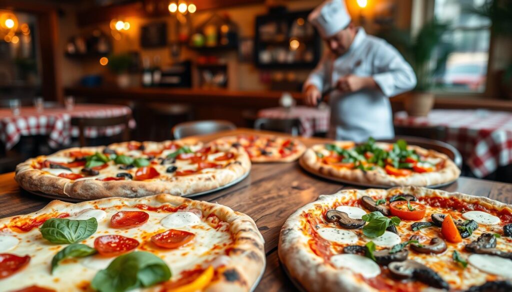 A vibrant assortment of pizzas displayed on a rustic wooden table, showcasing various styles: a classic Margherita with fresh basil and melted mozzarella, a pepperoni pizza with spicy slices glistening, a gourmet truffle pizza adorned with wild mushrooms and arugula, and a vegan pizza topped with colorful vegetables and plant-based cheese. The foreground captures the details of the toppings, while the middle ground features a chef in a white apron, expertly slicing a pizza. In the background, a cozy pizzeria ambiance with warm, inviting lighting and checkered tablecloths, creating a lively atmosphere. Use a shallow depth of field to emphasize the pizzas while slightly blurring the background, evoking a sense of indulgence and warmth.