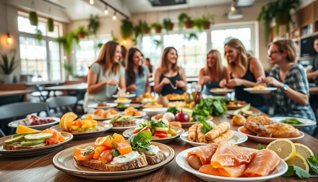 A vibrant brunch scene at a self-assembly restaurant in Aarhus, showcasing a diverse array of fresh ingredients on a large wooden table. In the foreground, a variety of colorful plates filled with avocado toast, smoked salmon, seasonal fruits, and artisanal pastries are artistically arranged. In the middle, a group of friends casually dressed in modest casual clothing joyfully assembling their plates, sharing laughter and smiles. The background features a cozy café interior with warm lighting, plants adorning the walls, and large windows letting in natural sunlight that creates a cheerful atmosphere. A close-up shot with a shallow depth of field emphasizes the food, capturing the essence of a leisurely brunch experience.