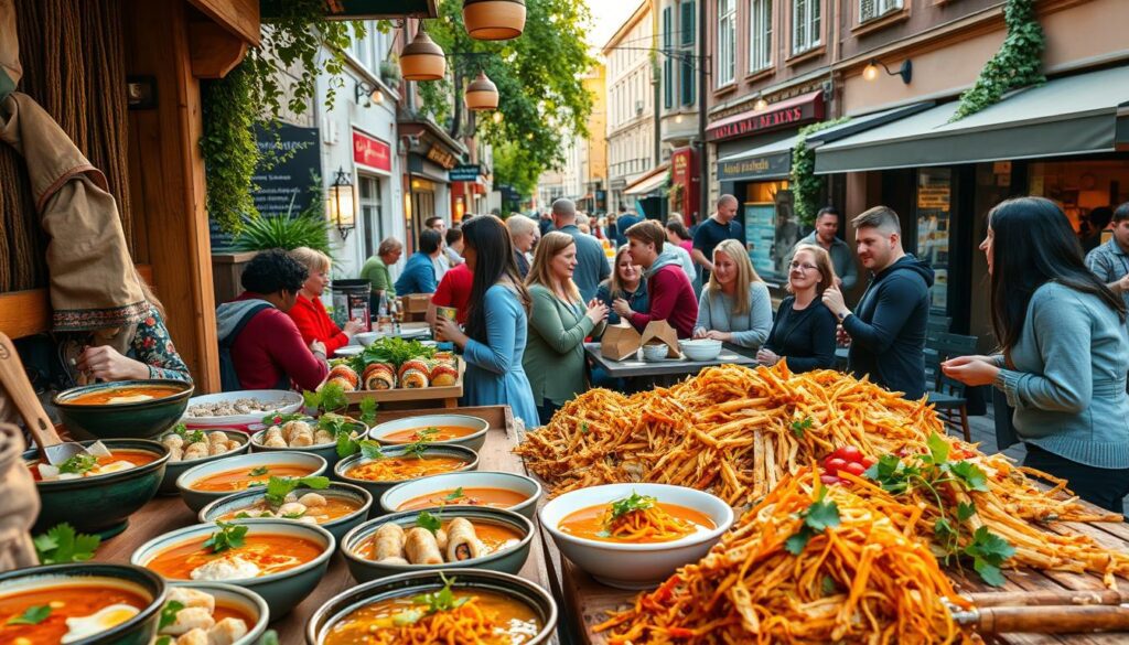 A vibrant, bustling Asian street food market scene in Aarhus, showcasing a diversity of colorful Asian dishes on display. In the foreground, a neatly arranged wooden stall filled with steaming bowls of ramen, sushi rolls, and vibrant stir-fried vegetables garnished with herbs. The middle ground features a diverse group of people (dressed in modest casual clothing) enjoying their meals at small tables, sharing laughter and conversations, immersed in the lively atmosphere. The background features a charming street with an inviting café, lush greenery, and string lights creating a warm, welcoming ambiance. Soft golden hour lighting bathes the scene, enhancing the rich colors of the food and the joyful interactions among the people. The angle is slightly elevated, capturing the bustling energy while focusing on the delicious variety of dishes.