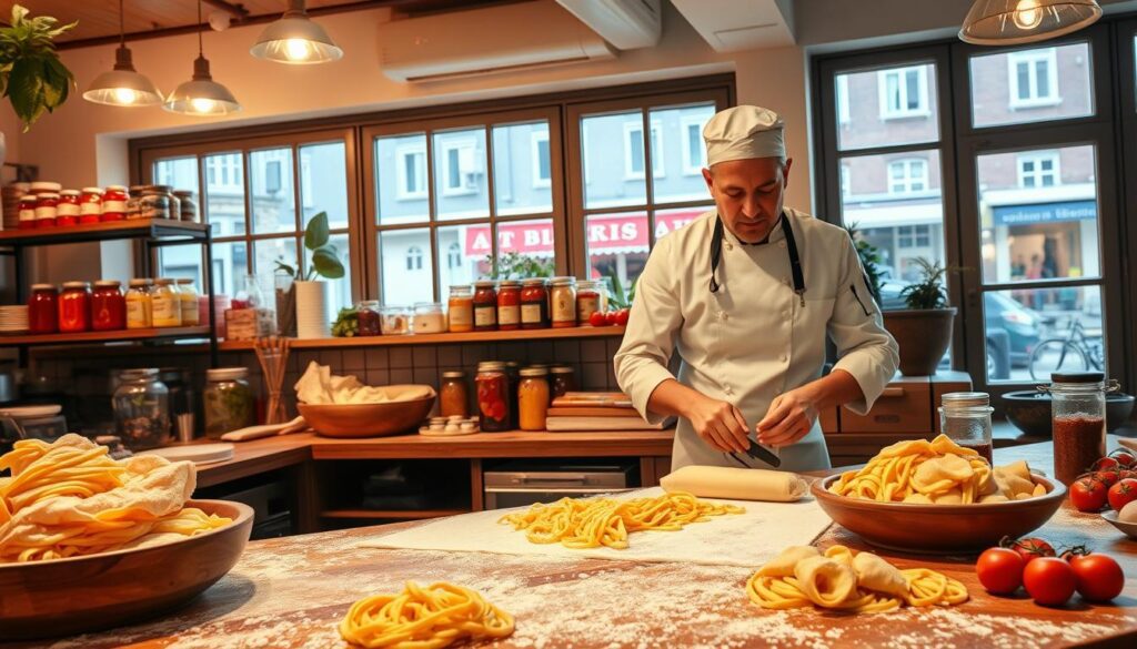 A vibrant, bustling Italian restaurant kitchen in Aarhus, filled with the warm glow of soft overhead lighting. In the foreground, a skilled chef, dressed in a crisp white chef's coat and apron, kneads fresh pasta dough on a wooden countertop adorned with flour. Various types of homemade pasta, such as tagliatelle and ravioli, are showcased artistically around the chef. In the middle ground, shelves are lined with jars of vibrant sauces and fresh ingredients like basil and tomatoes, creating an inviting atmosphere. In the background, large window panes reveal an exterior view of a charming Aarhus street, enhancing the scene with a touch of local culture. The overall mood is lively and passionate, highlighting the art of pasta-making in a warm and welcoming setting.