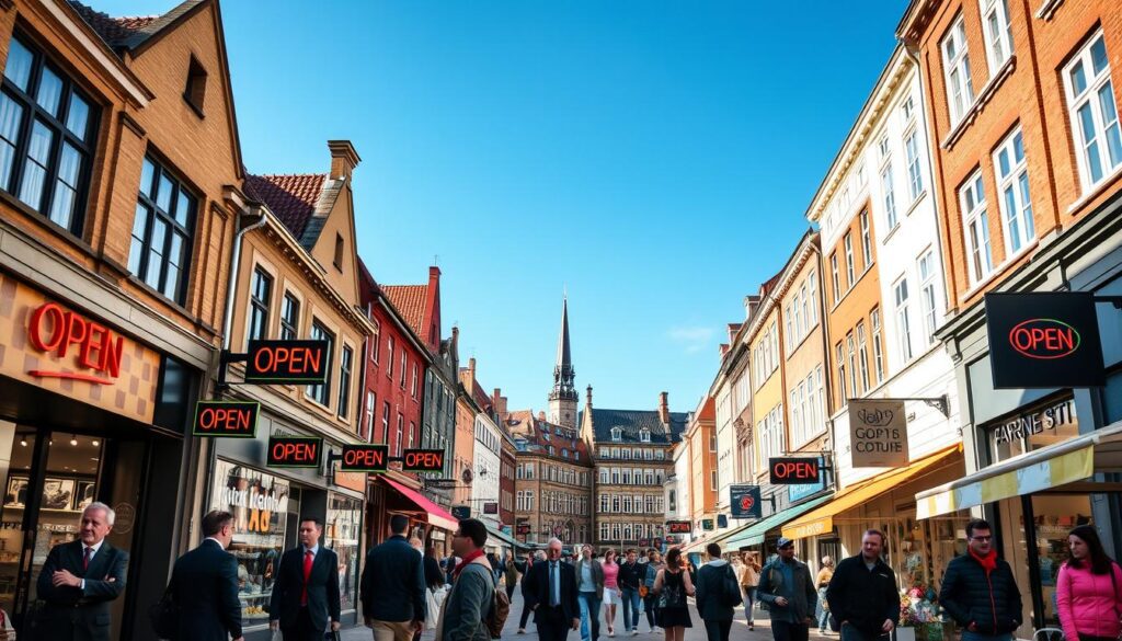A vibrant, bustling scene of Aarhus City during the day, showcasing various shops and businesses with open signs prominently displayed. In the foreground, a diverse group of people in professional business attire and casual clothing engage in shopping and socializing, embodying a lively atmosphere. In the middle ground, distinct storefronts line the street, featuring colorful awnings and window displays that hint at their offerings. In the background, iconic Aarhus architecture rises against a clear blue sky, bathing the scene in warm, natural daylight. The composition is captured from a slightly elevated angle, creating a dynamic yet harmonious perspective that invites viewers to experience the lively essence of shopping hours. The overall mood is energetic and inviting, emphasizing the vibrancy of city life and the JOY of planning a day out.
