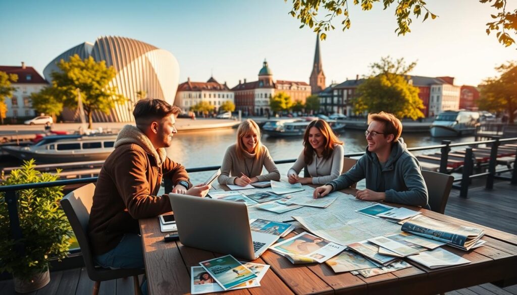 A vibrant cityscape of Aarhus, Denmark, featuring a group of three people in modest casual clothing sitting at a large wooden table covered with maps, travel brochures, and a laptop, actively planning their free tour. The foreground shows the table laden with colorful materials, while the middle reveals the group animatedly discussing their itineraries. In the background, iconic Aarhus landmarks such as the ARoS Aarhus Art Museum and the picturesque canals are visible, bathed in warm golden sunlight, casting soft shadows that enhance the inviting atmosphere. The scene conveys a sense of excitement and exploration, with greenery from nearby trees adding a touch of nature, inviting viewers to discover the city. The image captures a sense of friendly collaboration and planning in a beautiful urban setting. A vibrant cityscape of Aarhus, Denmark, featuring a group of three people in modest casual clothing sitting at a large wooden table covered with maps, travel brochures, and a laptop, actively planning their free tour. The foreground shows the table laden with colorful materials, while the middle reveals the group animatedly discussing their itineraries. In the background, iconic Aarhus landmarks such as the ARoS Aarhus Art Museum and the picturesque canals are visible, bathed in warm golden sunlight, casting soft shadows that enhance the inviting atmosphere. The scene conveys a sense of excitement and exploration, with greenery from nearby trees adding a touch of nature, inviting viewers to discover the city. The image captures a sense of friendly collaboration and planning in a beautiful urban setting.
