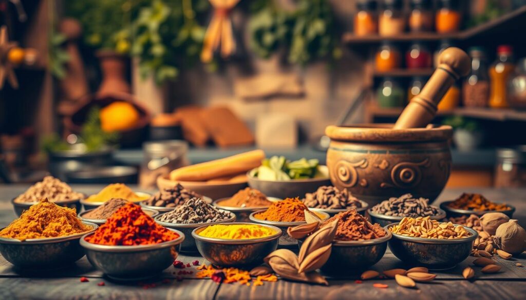A vibrant display of Indian spices used in traditional cooking. In the foreground, an assortment of colorful spices such as turmeric, cumin, coriander, and cardamom, arranged in small bowls and scattered over a rustic wooden table. In the middle ground, a beautifully crafted mortar and pestle, hinting at authentic cooking techniques. The background is softly blurred, featuring a cozy, warmly-lit Indian kitchen with herbs hanging and a spice rack filled with jars. The lighting is warm and inviting, reminiscent of a bustling Indian kitchen, creating a rich, atmospheric feel. Overall, the image captures the essence of authentic Indian cuisine, perfect for illustrating the experience of visiting a genuine Indian restaurant. A vibrant display of Indian spices used in traditional cooking. In the foreground, an assortment of colorful spices such as turmeric, cumin, coriander, and cardamom, arranged in small bowls and scattered over a rustic wooden table. In the middle ground, a beautifully crafted mortar and pestle, hinting at authentic cooking techniques. The background is softly blurred, featuring a cozy, warmly-lit Indian kitchen with herbs hanging and a spice rack filled with jars. The lighting is warm and inviting, reminiscent of a bustling Indian kitchen, creating a rich, atmospheric feel. Overall, the image captures the essence of authentic Indian cuisine, perfect for illustrating the experience of visiting a genuine Indian restaurant.