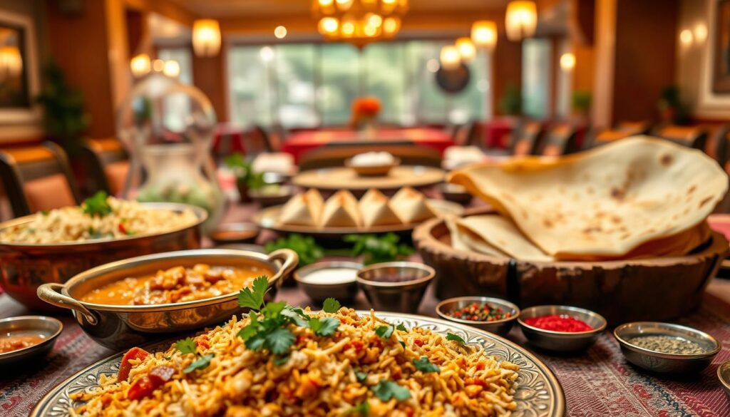 A vibrant display of traditional Nordic Indian specialties, showcasing a beautifully arranged table with an array of colorful dishes. In the foreground, feature a rich biryani garnished with fresh herbs, a steaming curry in a copper bowl, and naan bread elegantly folded on a rustic wooden platter. In the middle ground, include delicate appetizers like samosas and pakoras presented on decorative plates, surrounded by spices in small bowls. The background should hint at an inviting Indian restaurant ambiance, with warm, soft lighting that enhances the cozy atmosphere, showcasing rustic wooden beams and rich textiles. The image should evoke a sense of cultural richness and culinary delight, making it visually appealing and warm without any text or distractions. A vibrant display of traditional Nordic Indian specialties, showcasing a beautifully arranged table with an array of colorful dishes. In the foreground, feature a rich biryani garnished with fresh herbs, a steaming curry in a copper bowl, and naan bread elegantly folded on a rustic wooden platter. In the middle ground, include delicate appetizers like samosas and pakoras presented on decorative plates, surrounded by spices in small bowls. The background should hint at an inviting Indian restaurant ambiance, with warm, soft lighting that enhances the cozy atmosphere, showcasing rustic wooden beams and rich textiles. The image should evoke a sense of cultural richness and culinary delight, making it visually appealing and warm without any text or distractions.