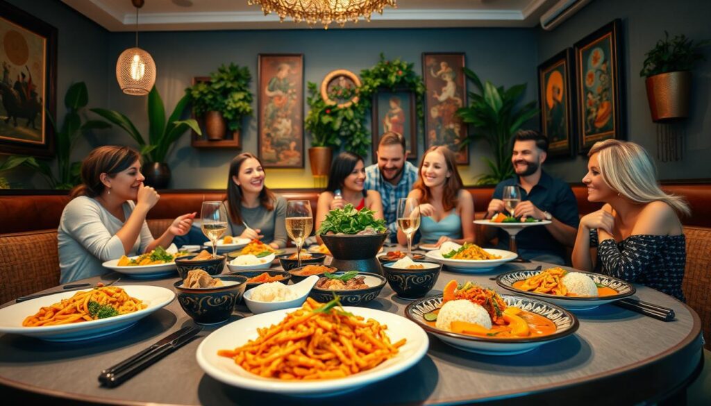 A vibrant, inviting Thai restaurant interior in Aarhus, featuring an elegant table set for a delightful meal. In the foreground, showcase an array of traditional Thai dishes like Pad Thai, green curry, and mango sticky rice, beautifully plated with vibrant colors. In the middle, capture a group of diverse, happy diners dressed in casual, stylish clothing, enjoying their food and sharing laughter, conveying a warm atmosphere. In the background, include tasteful Thai decor with lush greenery and artistic wall hangings that reflect Thailand's rich culture. The lighting is warm and inviting, creating a cozy ambiance. The angle is slightly elevated, giving a sense of inclusivity and community in appreciating Thai culinary experiences.