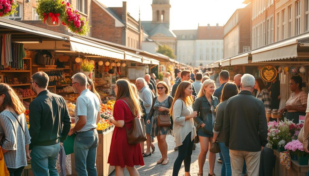 A vibrant market scene in Aarhus, filled with colorful stalls showcasing local produce, handmade crafts, and flowers. In the foreground, a diverse group of people, dressed in modest casual clothing, interact, engage in friendly conversations, and browse items. The middle ground features vendors enthusiastically presenting their goods, while a background of historic Aarhus architecture adds charm. Warm, golden light bathes the scene, suggesting a sunny day, with a slight lens flare capturing the bustling energy. In this lively atmosphere, the joy and community spirit of local meetings resonate, reflecting the urban heartbeat of Aarhus. The image conveys a sense of warmth, connection, and liveliness, perfect for showcasing the essence of markets and public gatherings. A vibrant market scene in Aarhus, filled with colorful stalls showcasing local produce, handmade crafts, and flowers. In the foreground, a diverse group of people, dressed in modest casual clothing, interact, engage in friendly conversations, and browse items. The middle ground features vendors enthusiastically presenting their goods, while a background of historic Aarhus architecture adds charm. Warm, golden light bathes the scene, suggesting a sunny day, with a slight lens flare capturing the bustling energy. In this lively atmosphere, the joy and community spirit of local meetings resonate, reflecting the urban heartbeat of Aarhus. The image conveys a sense of warmth, connection, and liveliness, perfect for showcasing the essence of markets and public gatherings.