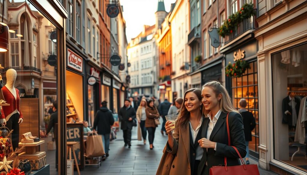 A vibrant scene depicting a bustling shopping street in Aarhus, commonly known as Strøget, full of diverse shops and boutiques. In the foreground, a pair of shoppers, dressed in professional business attire, are examining items in a store window, exuding excitement and curiosity. The middle ground features an array of quaint and modern storefronts, adorned with colorful displays and seasonal decorations. In the background, elegant architecture typical of Aarhus creates a charming atmosphere, bathed in warm, golden sunlight, enhancing the inviting feel of the scene. The angle is slightly elevated, capturing both the shoppers' enthusiasm and the lively ambiance around them, conveying a sense of community and vibrant commercial activity. The overall mood is cheerful and energetic, ideal for a perfect shopping day on Strøget.