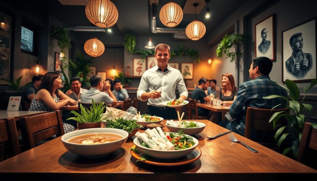 A vibrant scene depicting a cozy interior of an authentic Vietnamese restaurant in Aarhus. In the foreground, a wooden dining table is beautifully set with traditional Vietnamese dishes including pho, fresh spring rolls, and colorful herbs. On the middle-ground, a friendly waiter in a neat white shirt and black pants is serving food to a diverse group of diners, who are smiling and engaged in conversation, showcasing a warm, inviting atmosphere. The background features decorative elements like hanging bamboo lanterns, green plants, and traditional Vietnamese artwork on the walls, all illuminated by soft, warm lighting that enhances the inviting mood. Capture this scene with a close-up lens angle to emphasize the details of the food and the joy of dining.