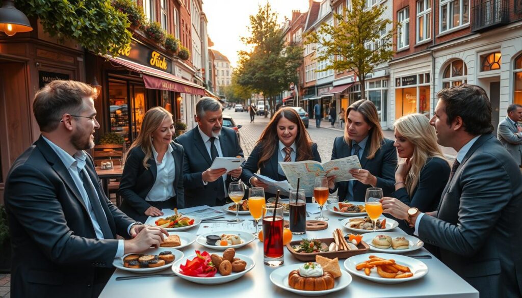 A vibrant scene depicting the planning of a gastronomic tour along Jægergårdsgade in Aarhus. In the foreground, a neatly arranged table with a variety of colorful dishes and drinks, showcasing local cuisine. A diverse group of people, dressed in professional business attire, enthusiastically discussing their dining plans with maps and brochures spread out before them. In the middle ground, an inviting restaurant facade with warm lighting and outdoor seating, hinting at a lively atmosphere. The background features charming cobblestone streets lined with trees and small boutiques, under a soft, golden sunset that casts a warm glow over the scene. The mood is energetic and inviting, emphasizing the culinary delights awaiting discovery.